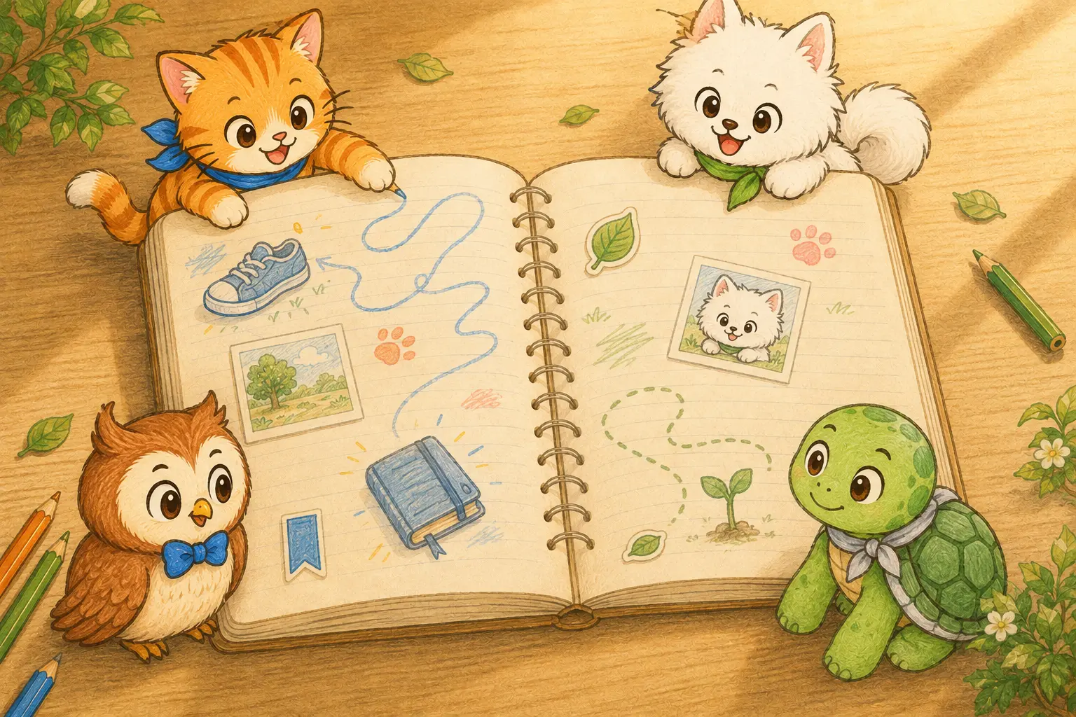 สัตว์ TeamBook หลายตัวล้อมสมุดที่เต็มด้วยรอยเขียนคนละแบบ